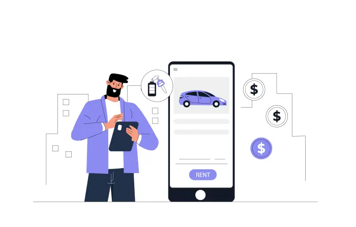 Man Ordering a Rental Car Online Using a Mobile Flat Style Character Illustration